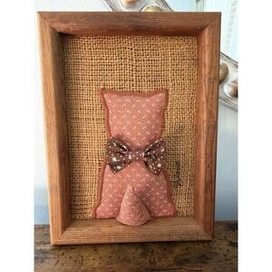 Vintage Primitive Cat Folk Art Applique Framed Burlap Signed 1983 USA